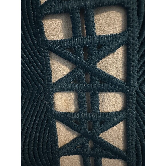 TORY BURCH Germaine Navy Teal Geometric Lace Trim Silk Blouse Top Size 12 - Picture 3 of 7